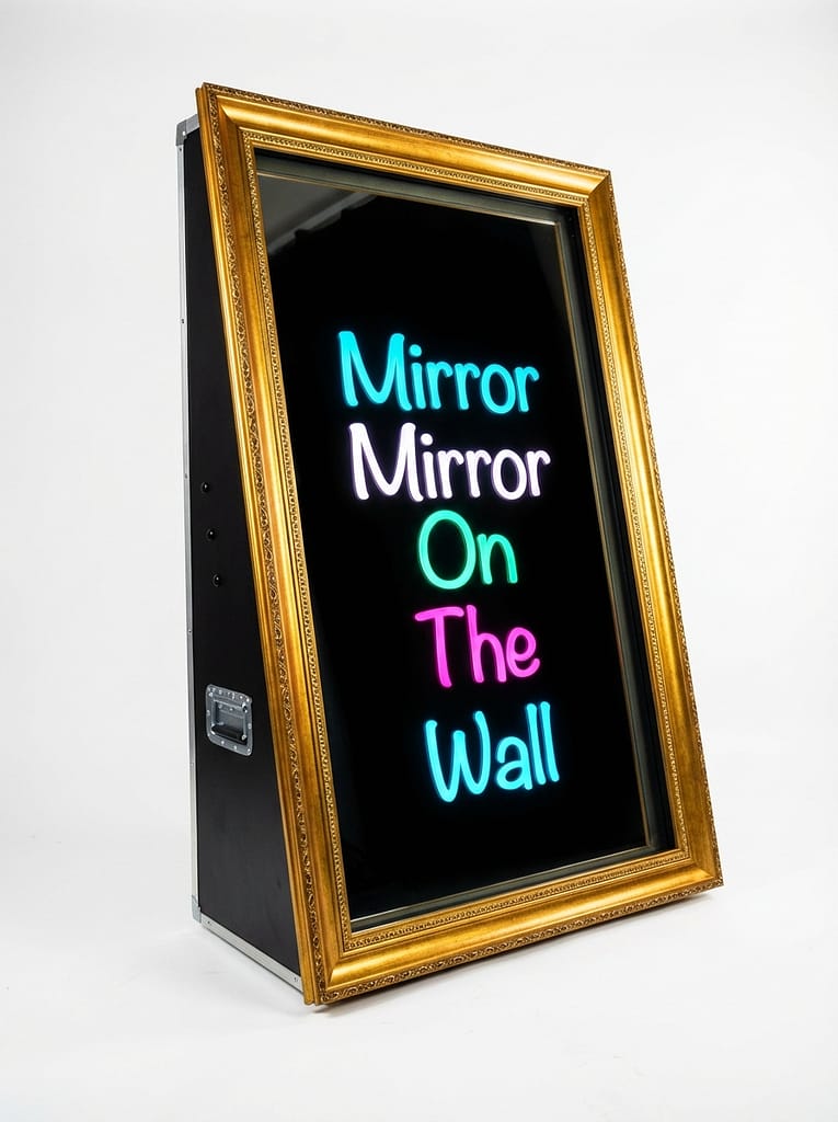 A full-length gold ornate Magic Mirror photo booth with an interactive "Put your selfie face on" screen for a wedding reception.