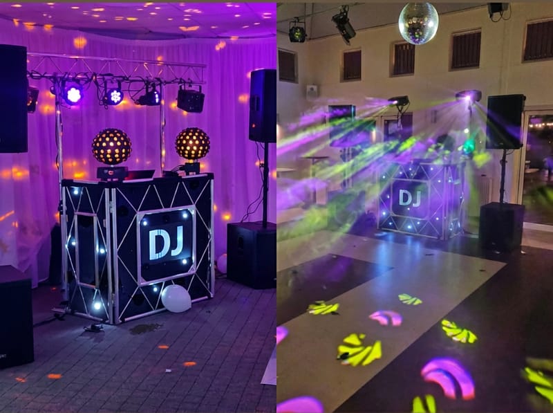 Professional DJ setup with lighting for weddings, parties and corporate events in the UK.