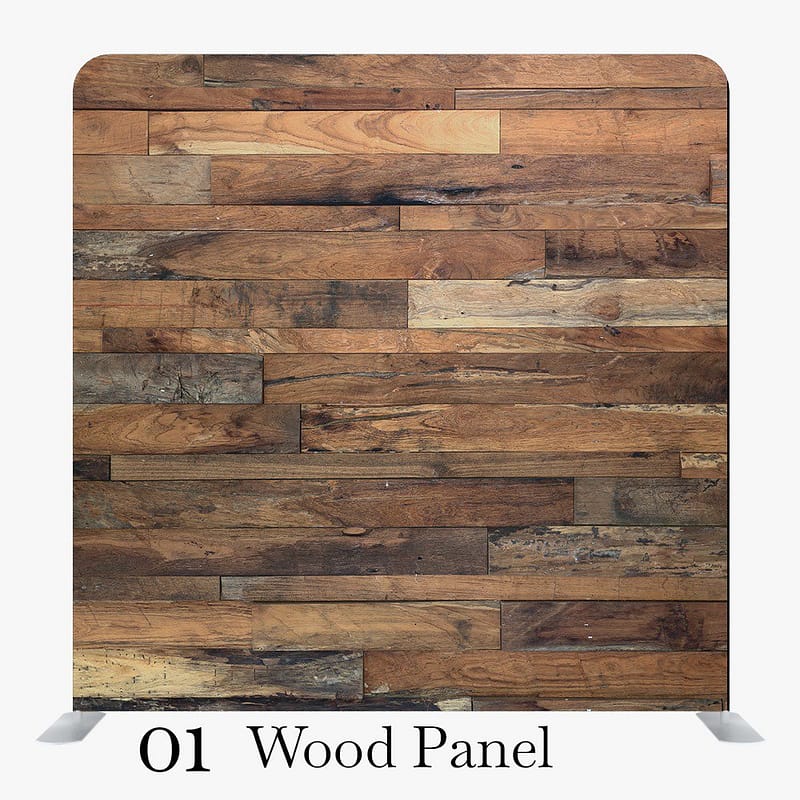 Professional photo booth backdrop featuring horizontal reclaimed wood panels in natural earthy brown tones.