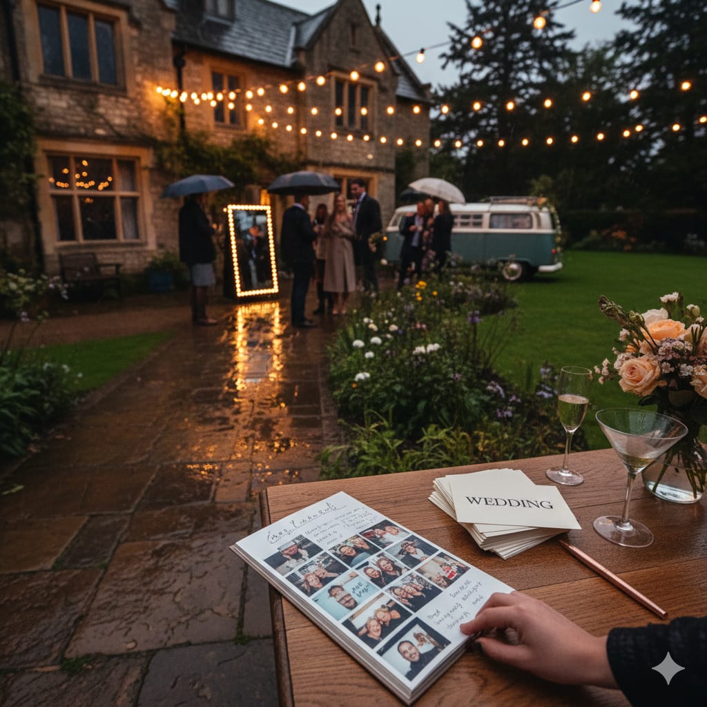 A rainy evening wedding reception at a stone country house with guests under umbrellas, a glowing Magic Mirror photo booth, and a vintage VW bus, with an open guestbook in the foreground.