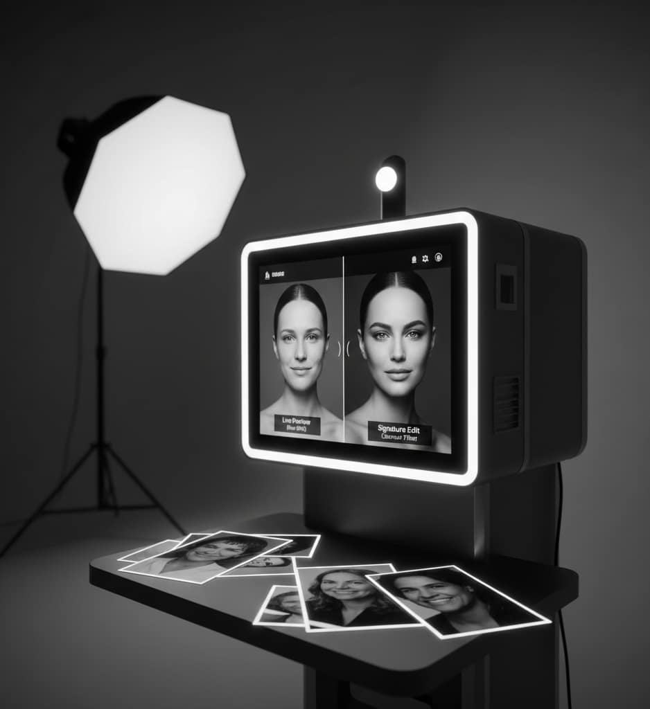 A high-end black photo booth unit with a glowing white LED ring light, showing a "before and after" comparison of the Signature Edit beauty filter on the touchscreen.