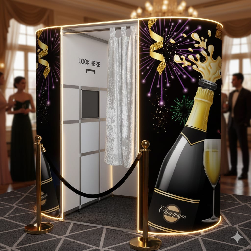 Premium enclosed black photo booth with custom champagne bottle graphics, gold stanchions, and a red carpet entrance in a luxury event setting.