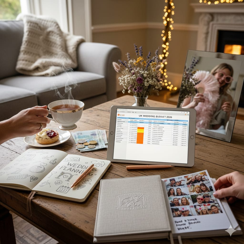 A person sitting at a wooden table with a cup of tea and a scone, reviewing a "UK Wedding Budget 2026" spreadsheet on a tablet next to a wedding planning notebook and a photo booth guestbook.