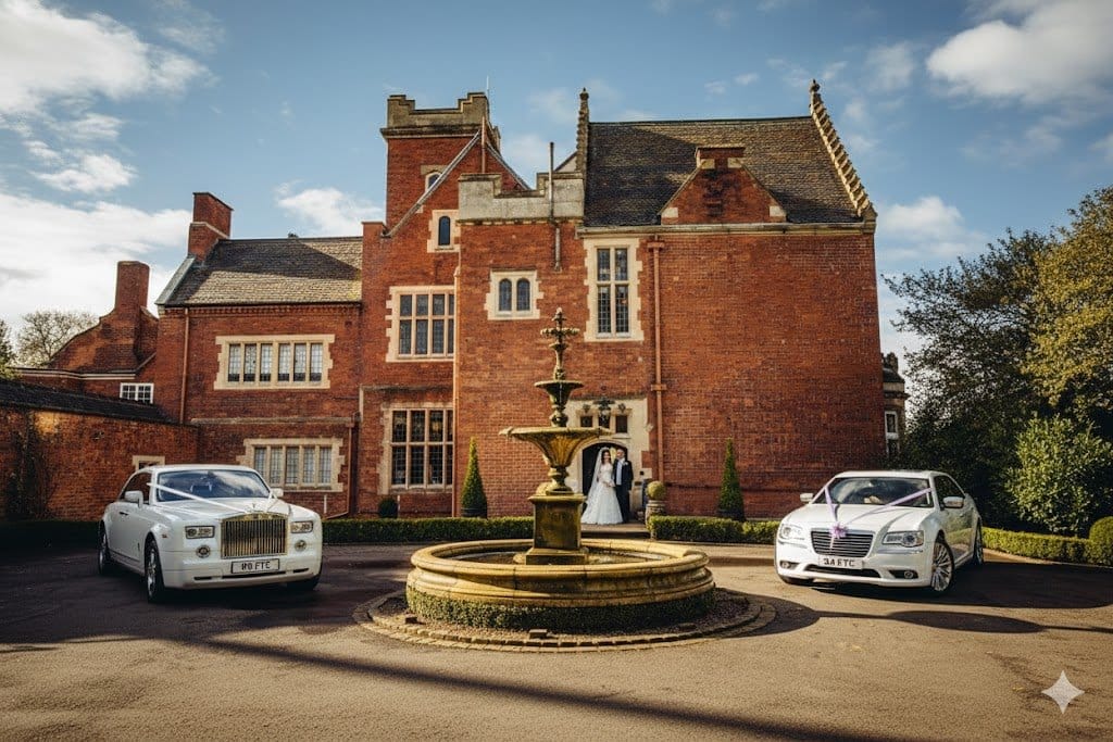 Wide-angle view of Pendrell Hall wedding venue in Wolverhampton, featuring a luxury exterior shot.