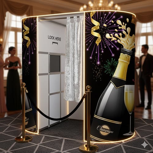 Premium enclosed black photo booth with custom champagne bottle graphics, gold stanchions, and a red carpet entrance in a luxury event setting.