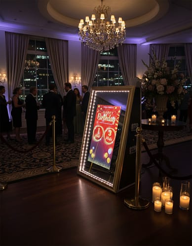 A luxury gold-framed magic mirror photo booth displaying a red "Happy Birthday" screen, set up in a grand ballroom with a chandelier, candles, and guests in the background.