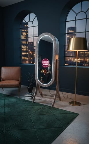 An oval-shaped rustic wooden mirror photo booth with a glowing white halo light and pink neon "Touch the Mirror" text, set in a modern industrial apartment with large arched windows.