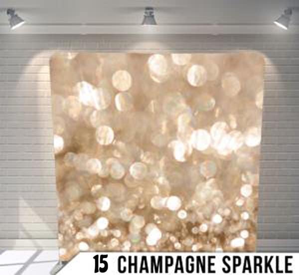 Luxury champagne gold sparkle photo booth backdrop with shimmering bokeh light effects.