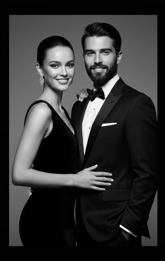 A professional black and white studio portrait of a woman in an elegant black dress and a man in a tuxedo, taken in a Wards Photo Booth with crisp DSLR detail and smooth lighting