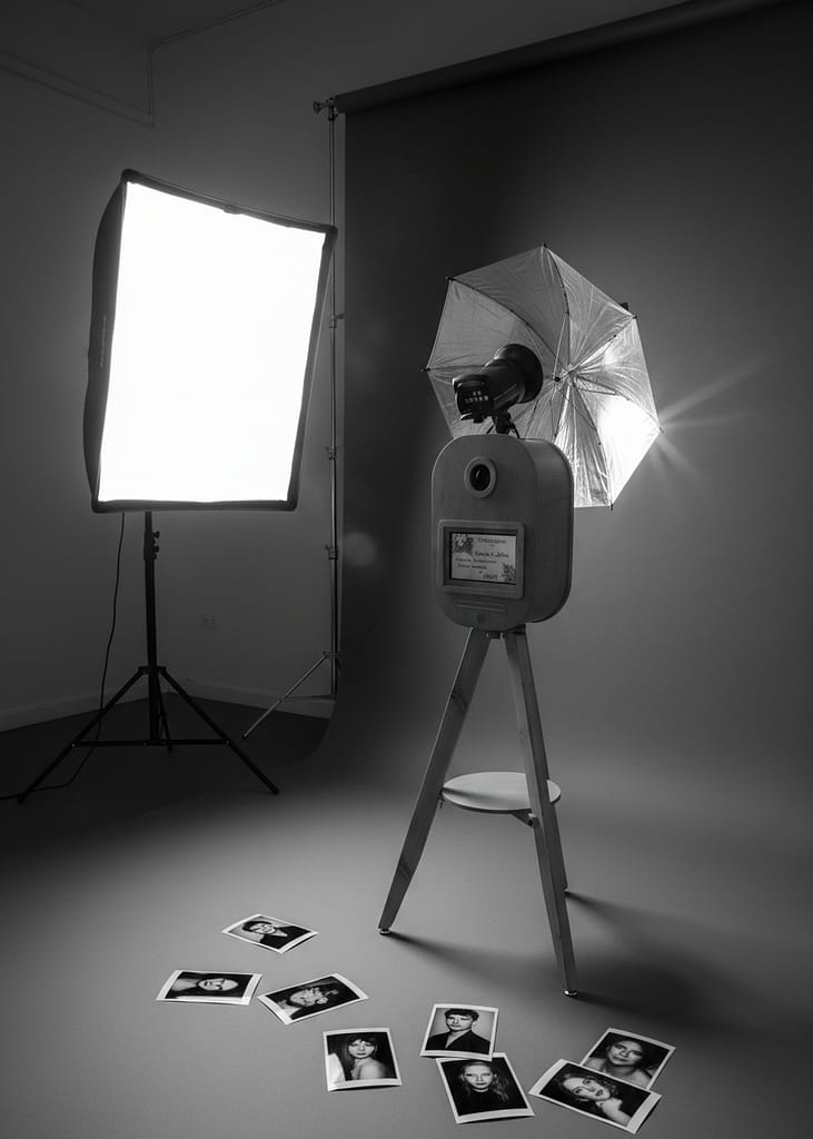 A vintage-style wooden photo booth on a tripod stand, featuring an external studio umbrella flash and professional DSLR camera, with high-quality black and white photo prints scattered on the floor.