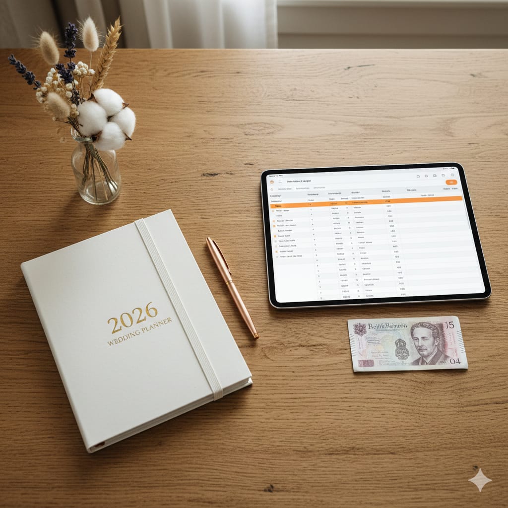 A flat-lay photo on a light wood desk featuring a white '2026 Wedding Planner' journal, a rose gold pen, a tablet displaying a budget spreadsheet, and a small vase of dried flowers.