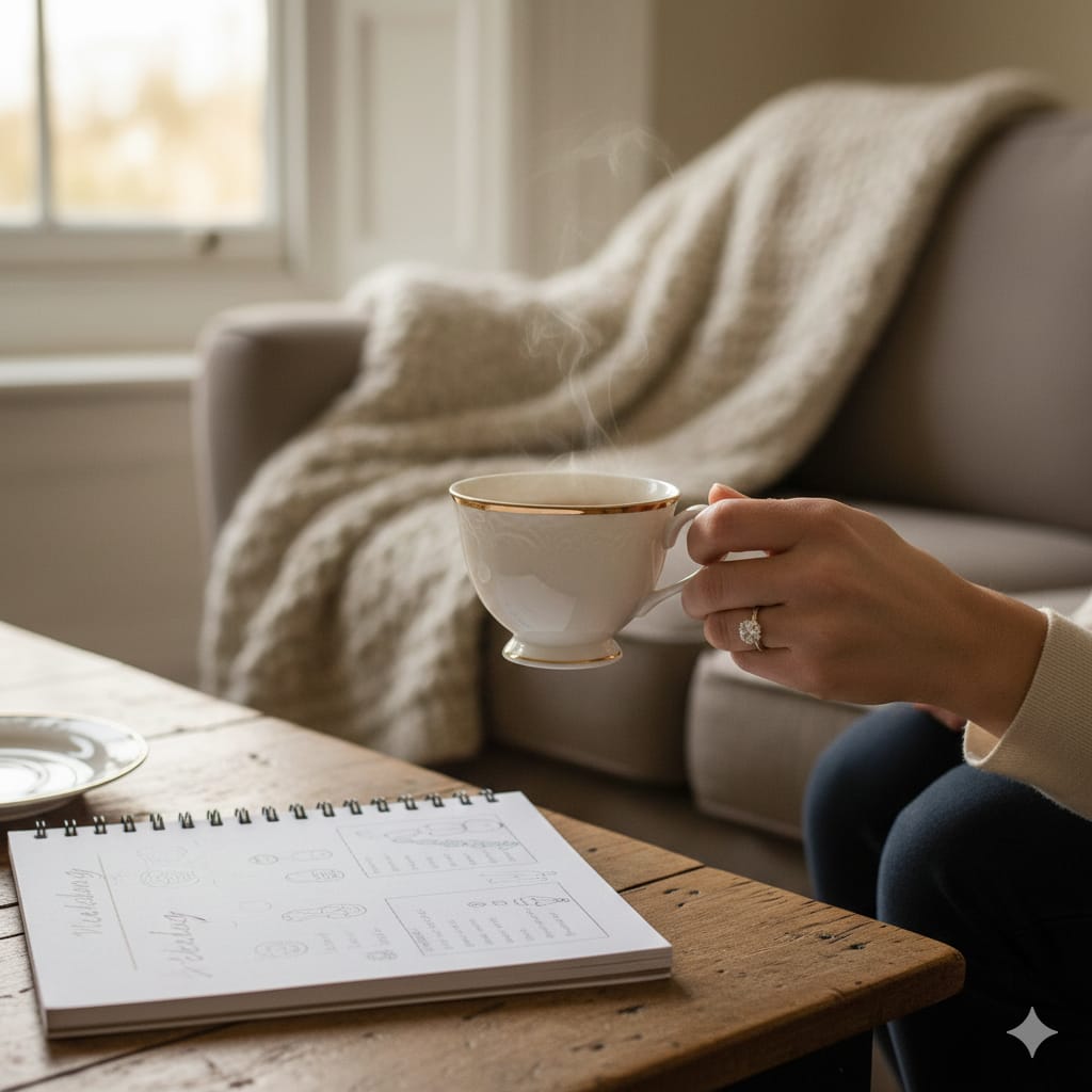 A close-up shot of a person’s hand wearing a diamond engagement ring, holding a steaming cup of tea over a wedding planning notebook on a wooden coffee table.