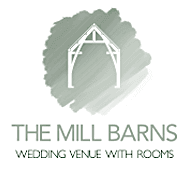 Official logo for The Mill Barns Wedding Venue with Rooms, featuring a white barn-style structural icon on a soft grey textured background.