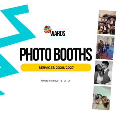 A professional service brochure cover for Wards Photo Booths featuring a teal lightning bolt design, the company logo, and a collage of event photos including wedding couples and guests using props.