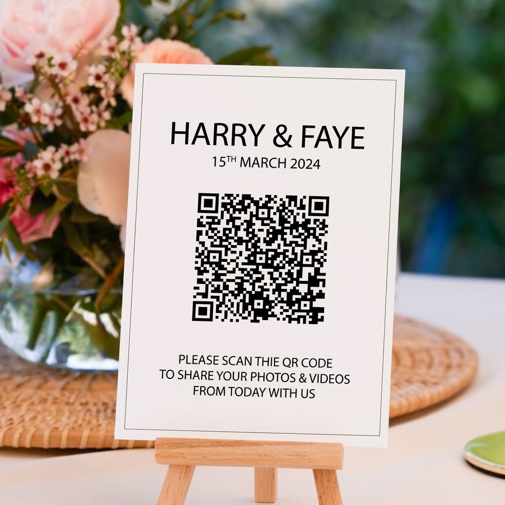 Wedding QR code sign for guests to share photos and videos at a UK wedding reception.